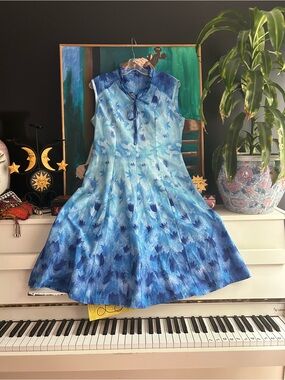 Vintage Blue Floral Sleeveless Midi Dress Women’s Fit & Flare Cottagecore M